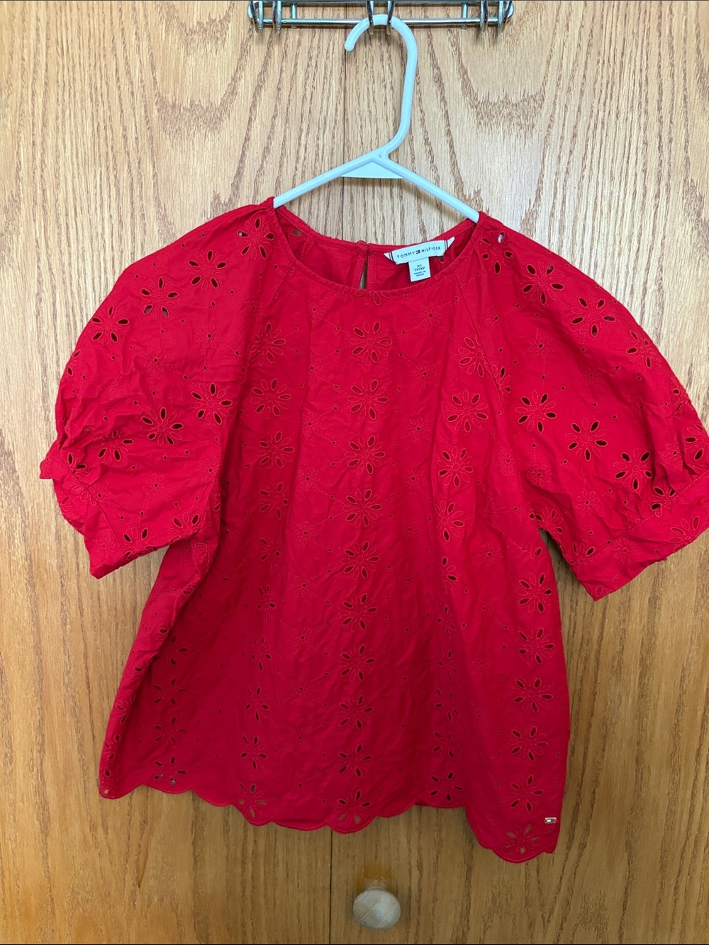 Tommy Hilfiger Red Eyelet Puff Sleeve Top